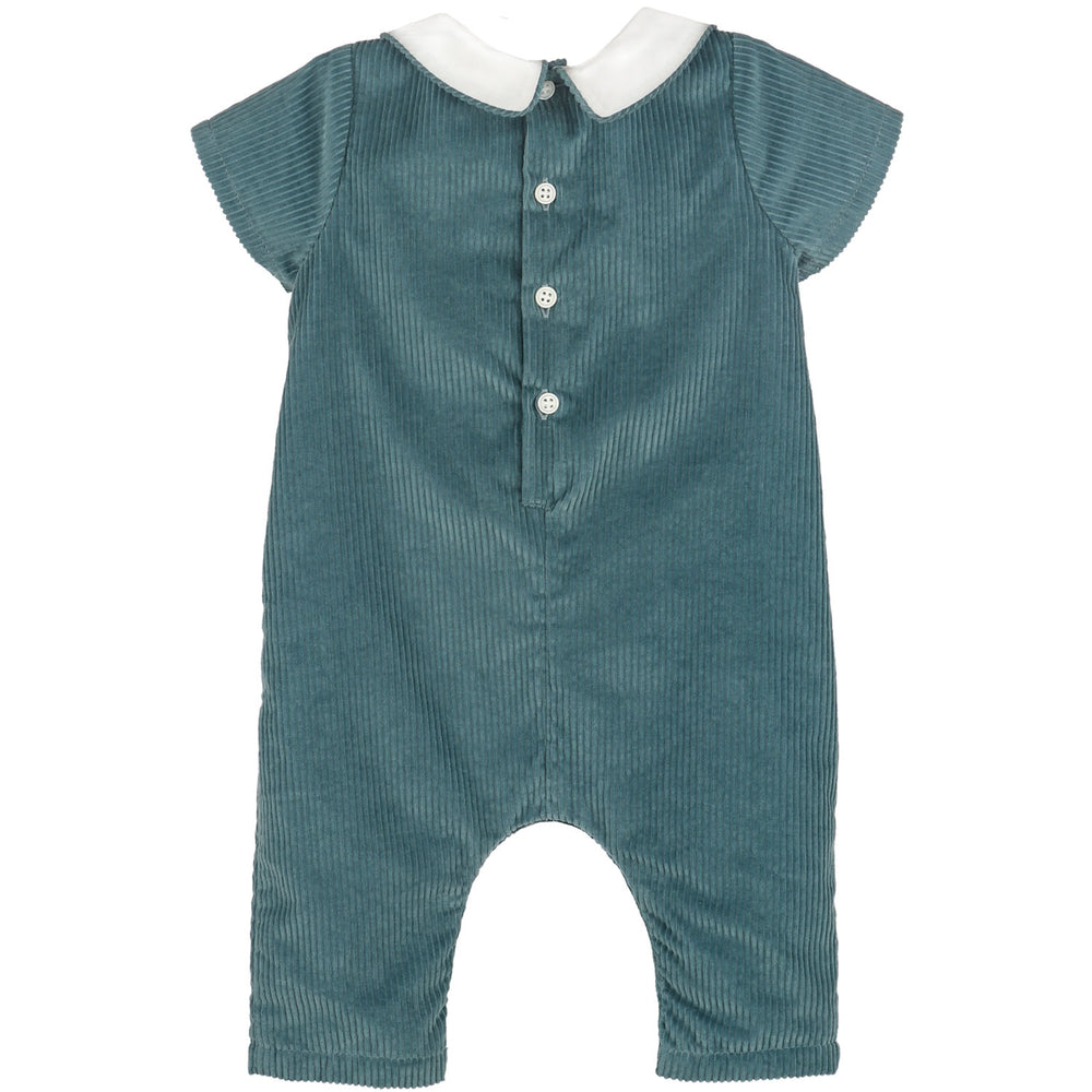 Back of Blue Willow Corduroy Longall with white Peter Pan collar and button closure