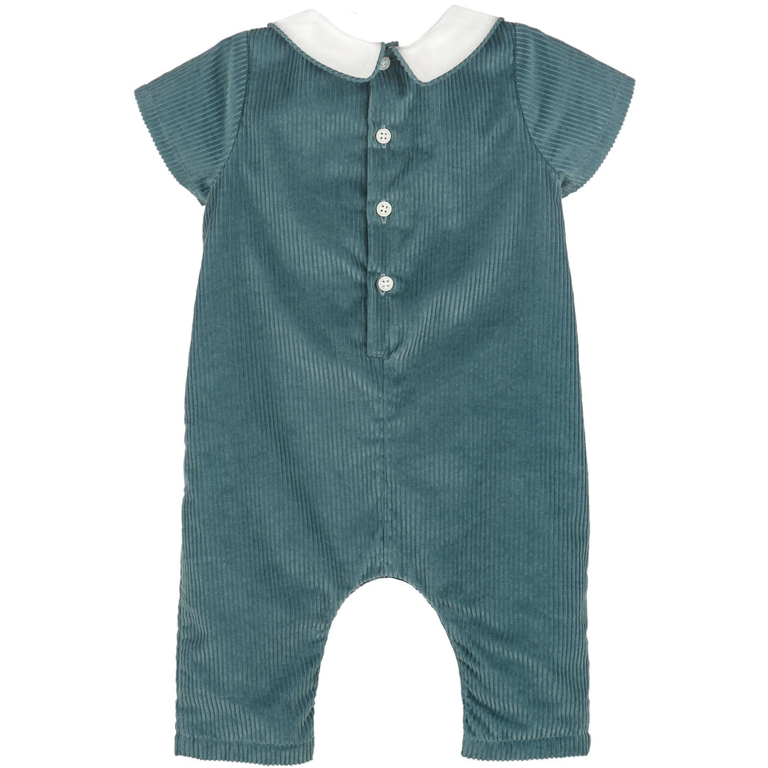 Back of Blue Willow Corduroy Longall with white Peter Pan collar and button closure
