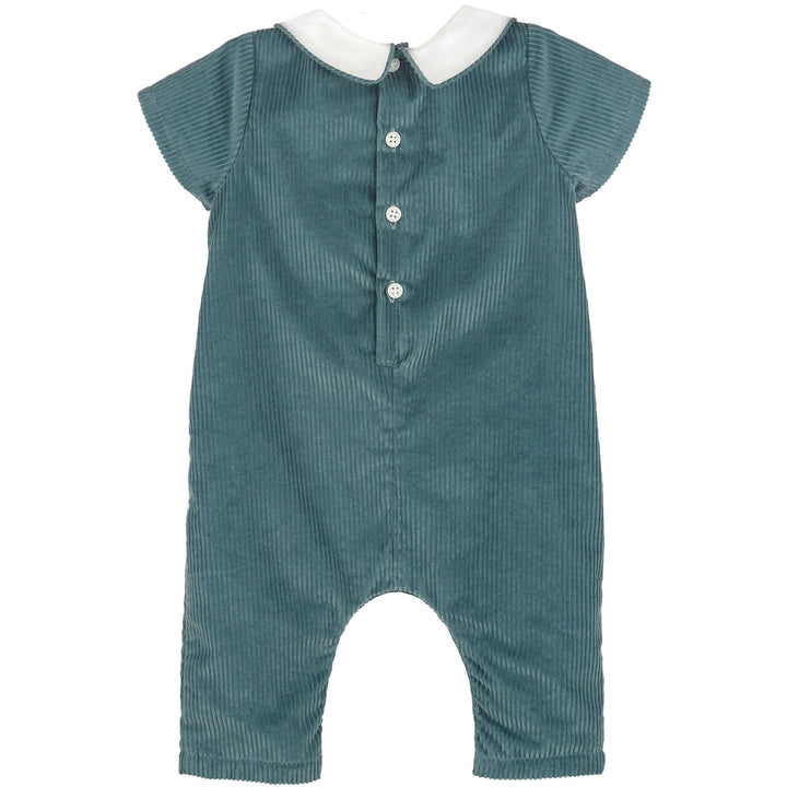 Back of Blue Willow Corduroy Longall with white Peter Pan collar and button closure