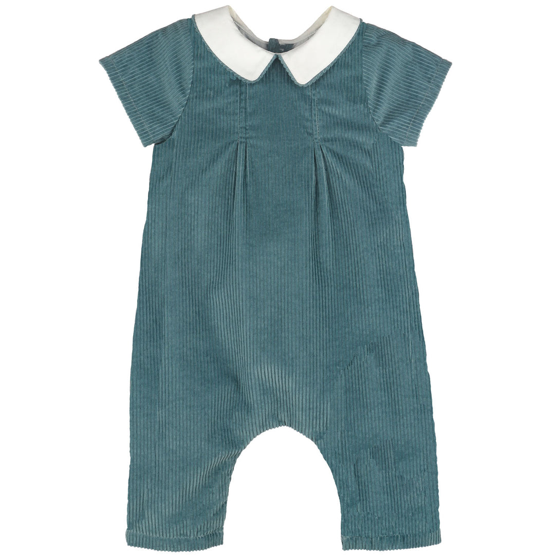 Blue Willow Corduroy Longall with soft blue corduroy, white Peter Pan collar, short sleeves, and front pleat details