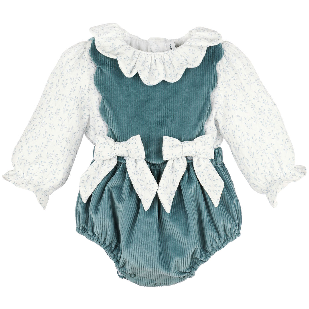 Blue Willow OG Overall with blue corduroy bubble, floral blouse, ruffle collar, and coordinating bow details