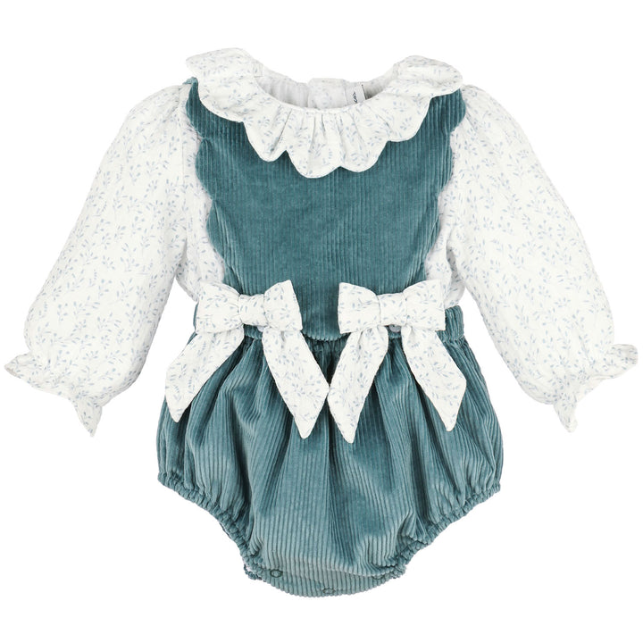 Blue Willow OG Overall with blue corduroy bubble, floral blouse, ruffle collar, and coordinating bow details