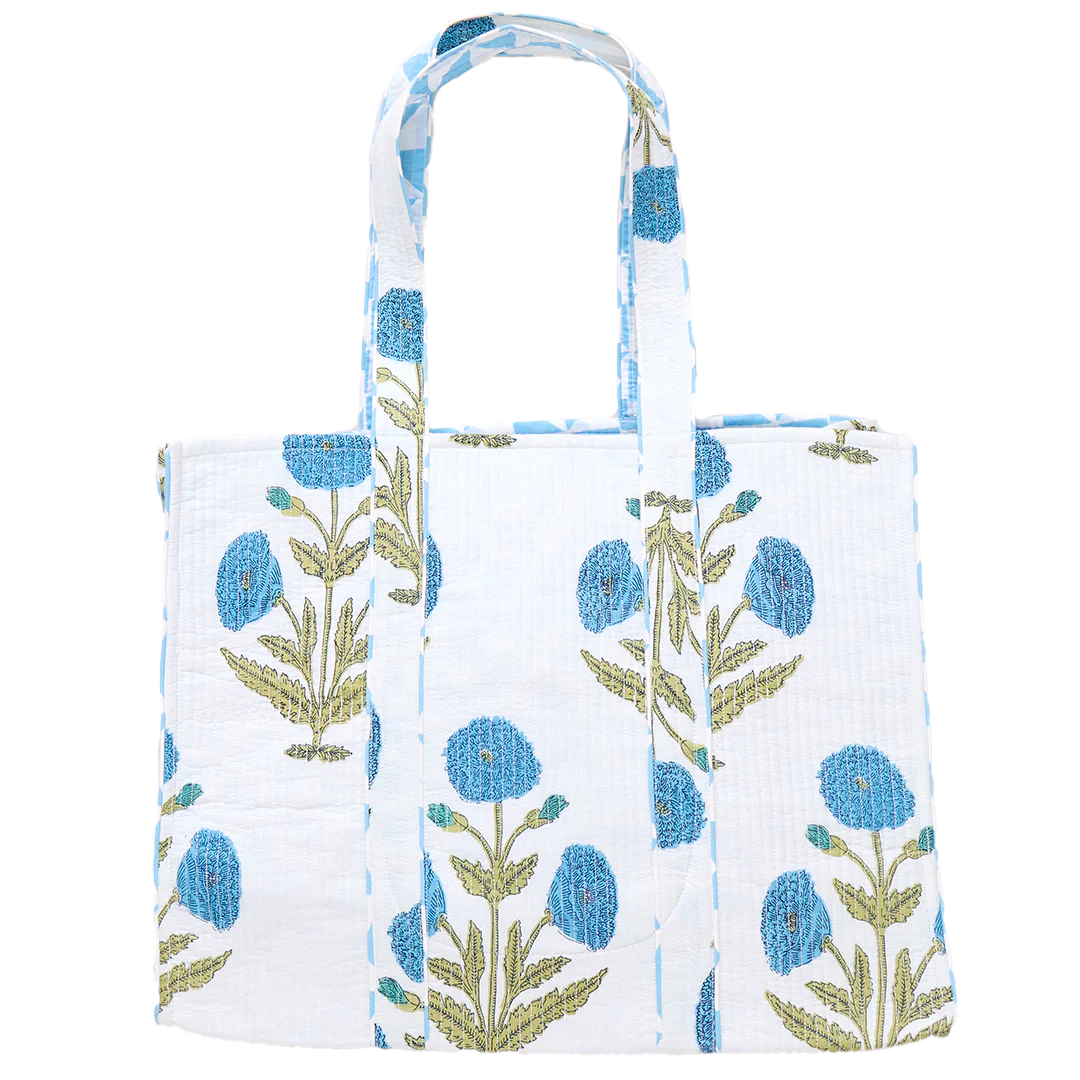 Large Reversible Quilted Tote - Blue Oversized Dandelion