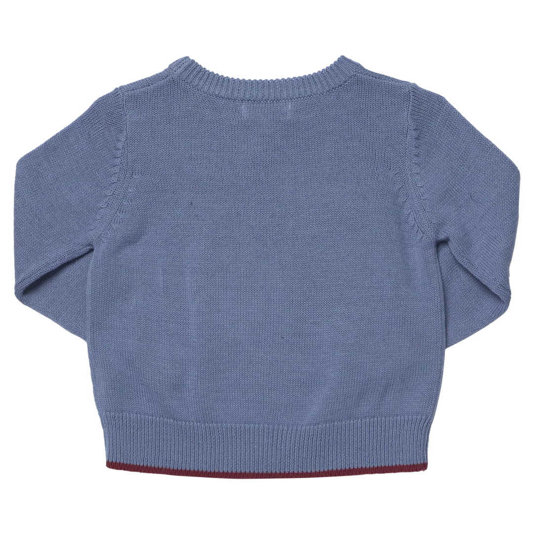 Back view of Boys Bronco Sweater in blue with ribbed neckline, cuffs and hem