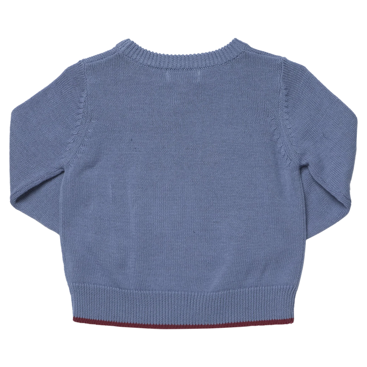 Back view of Boys Bronco Sweater in blue with ribbed neckline, cuffs and hem
