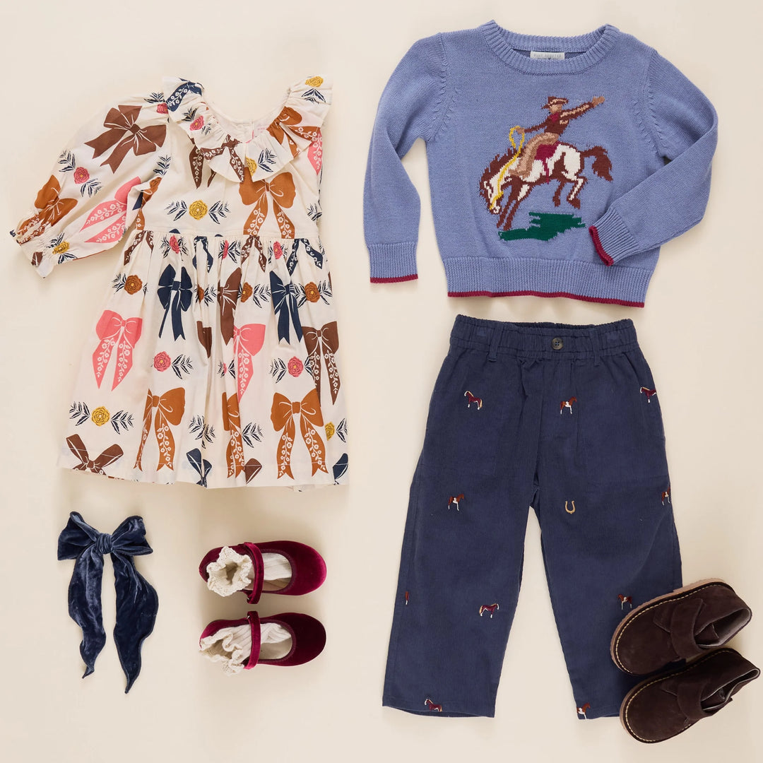 Boys Bronco Sweater styled with navy horse embroidered pants and boots for fall