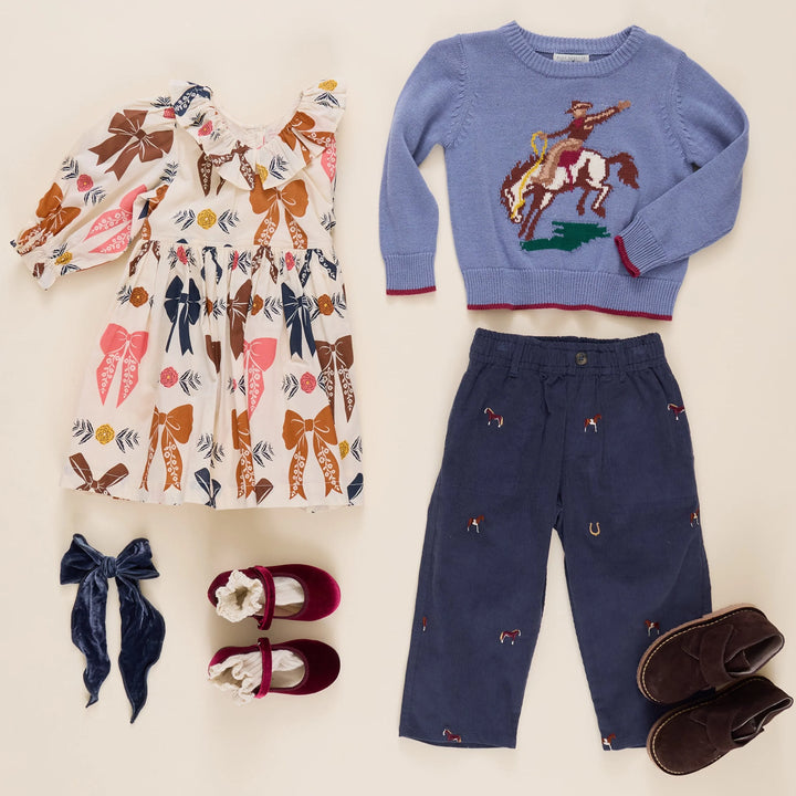 Boys Bronco Sweater styled with navy horse embroidered pants and boots for fall