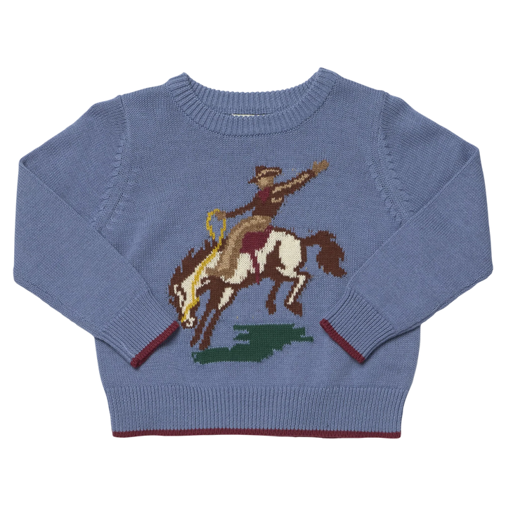 Boys Bronco Sweater in blue with knit cowboy riding a bucking horse design