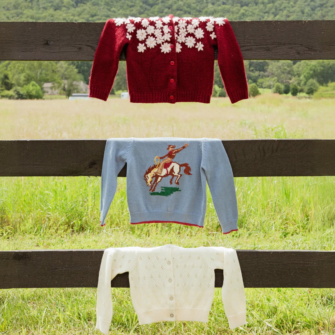 Boys Bronco Sweater displayed outdoors with coordinating fall knitwear