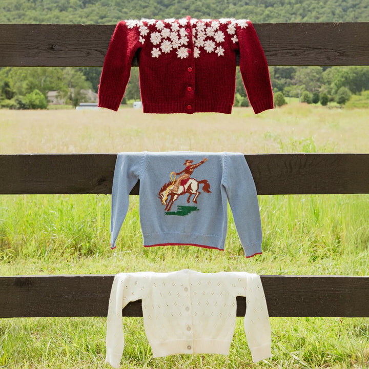 Boys Bronco Sweater displayed outdoors with coordinating fall knitwear