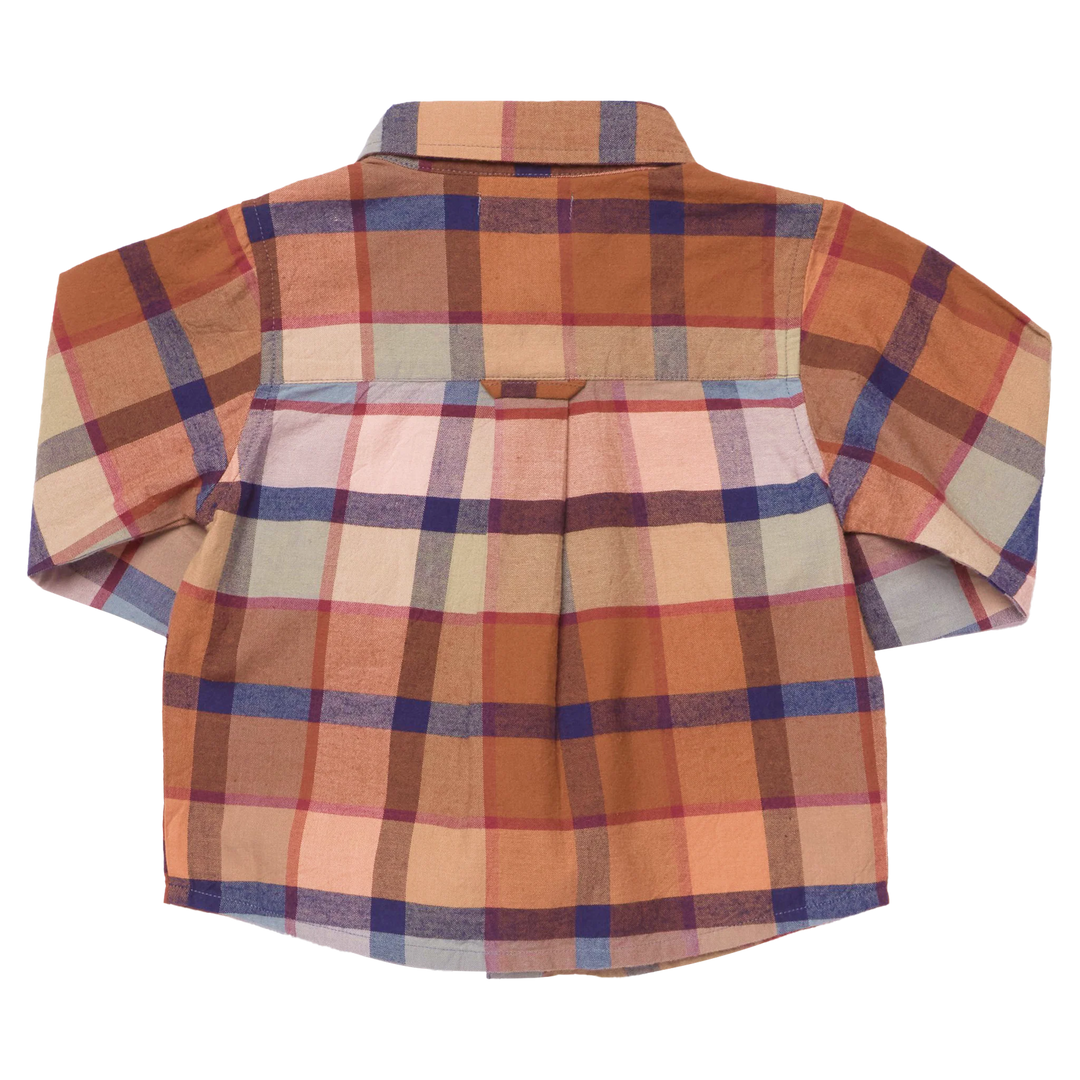 Back view of Boys Hayride Plaid Shirt in warm autumn colors