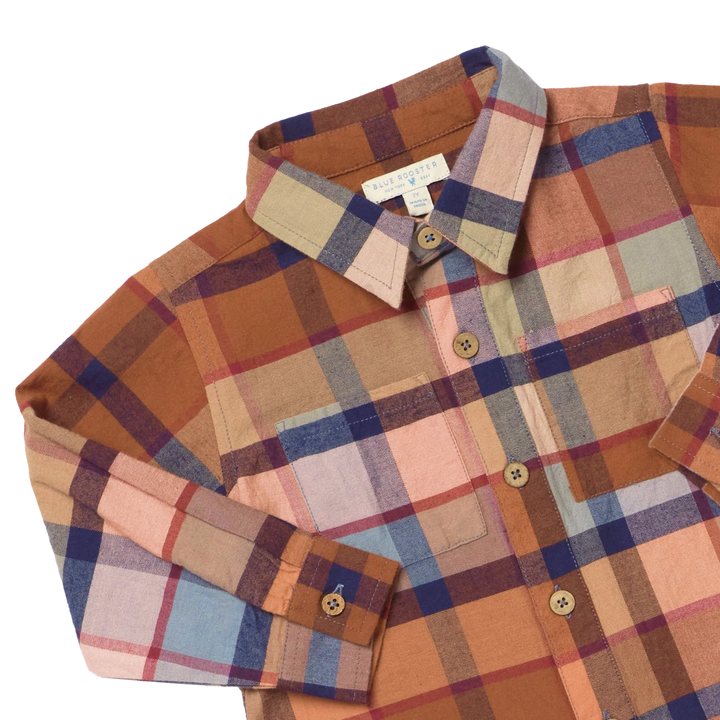 Close-up of Boys Hayride Plaid Shirt with collar, buttons and chest pockets