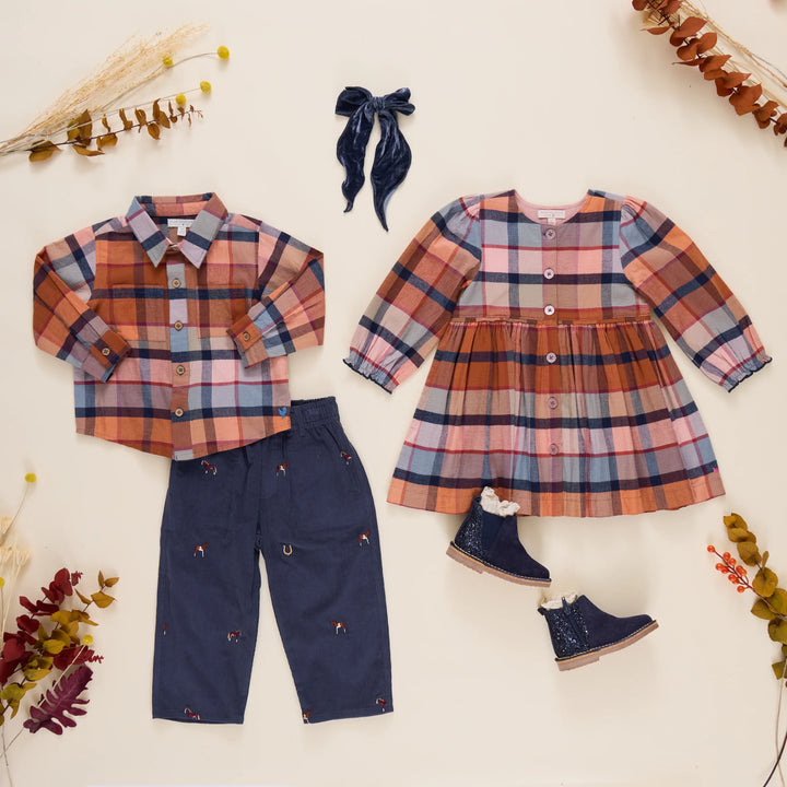 Boys Hayride Plaid Shirt styled with navy embroidered pants for a fall outfit