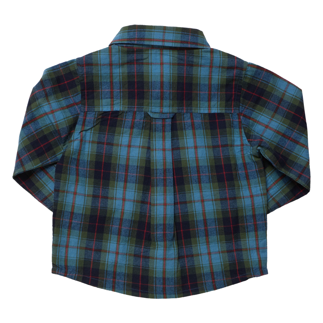 Back view of Pink Chicken Boys Jack Shirt in Blue Tartan plaid
