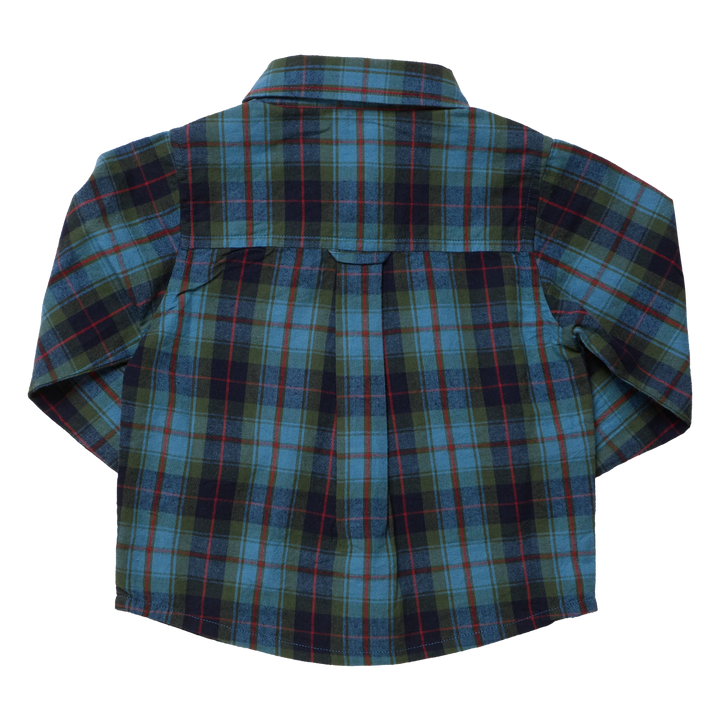 Back view of Pink Chicken Boys Jack Shirt in Blue Tartan plaid