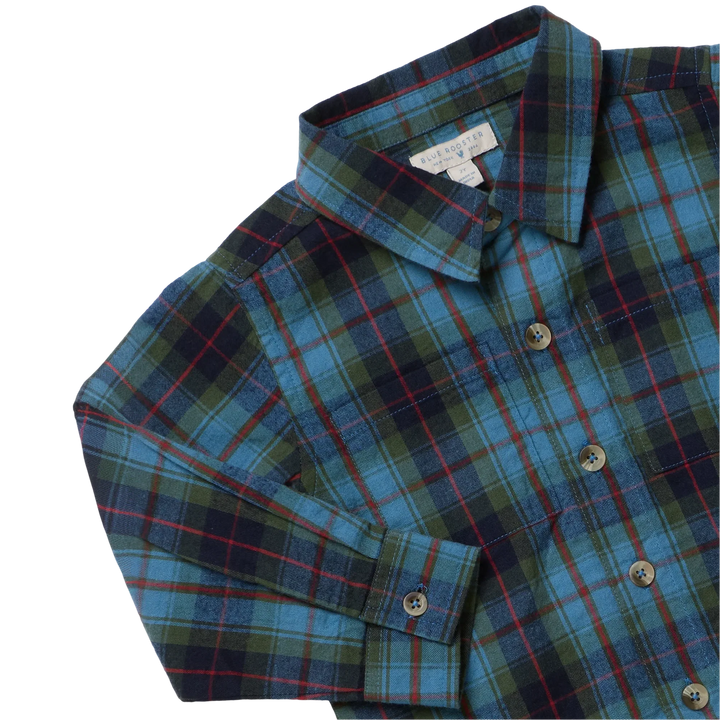 Close-up of Boys Jack Shirt featuring blue, green, and red plaid with button details