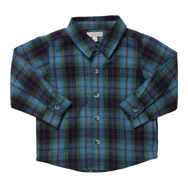 Pink Chicken Boys Jack Shirt in Blue Tartan plaid, front view
