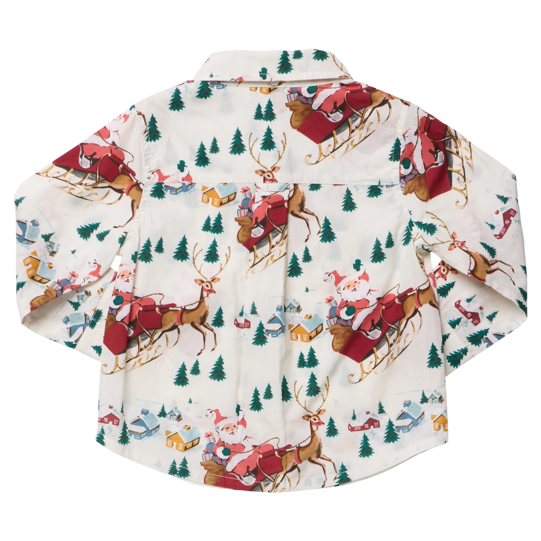 Back view of Pink Chicken Boys Jack Shirt showcasing the Santa Sleigh Christmas print
