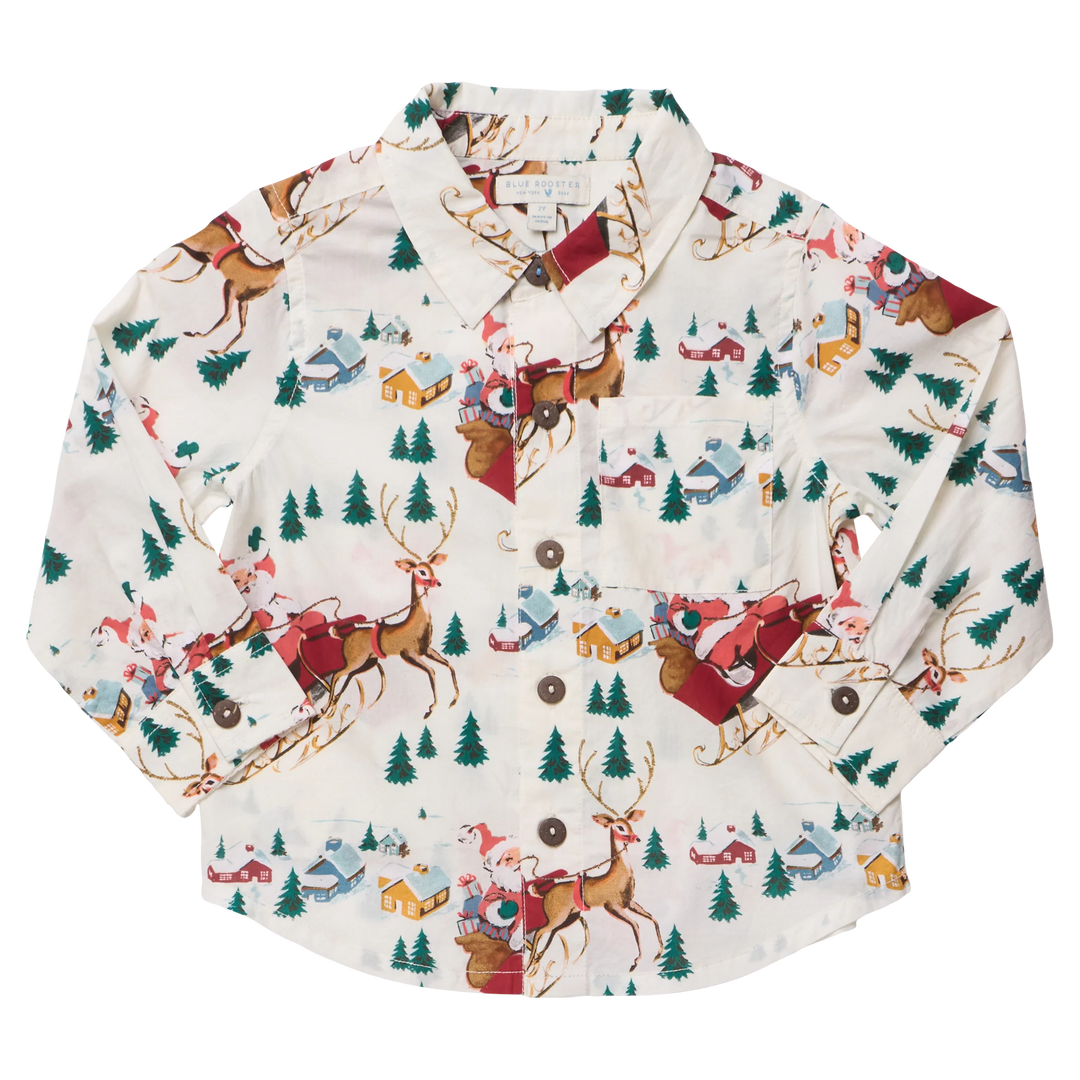 Pink Chicken Boys Jack Shirt in Santa Sleigh featuring a festive Christmas print and button-down front
