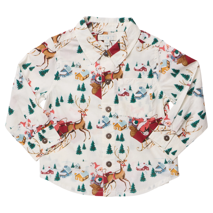 Pink Chicken Boys Jack Shirt in Santa Sleigh featuring a festive Christmas print and button-down front