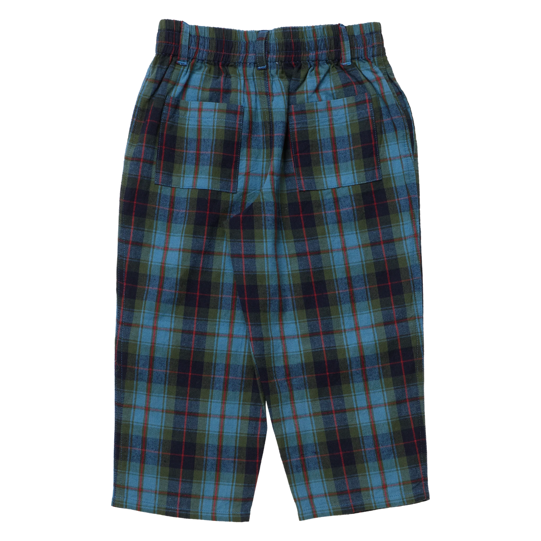 Back view of Pink Chicken Boys Jackson Pant Blue Tartan featuring two patch pockets and a classic plaid pattern