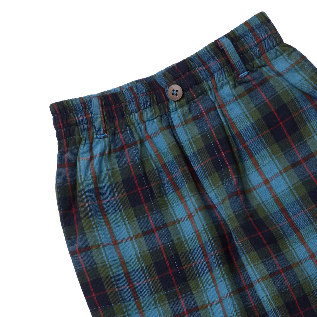 Close-up of Boys Jackson Pant Blue Tartan showing elastic waistband, belt loops, button, and plaid fabric