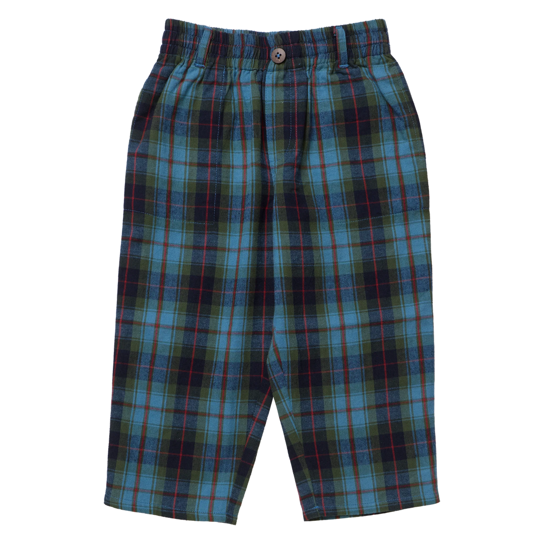 Pink Chicken Boys Jackson Pant Blue Tartan featuring blue, green, and red plaid with an elastic waistband