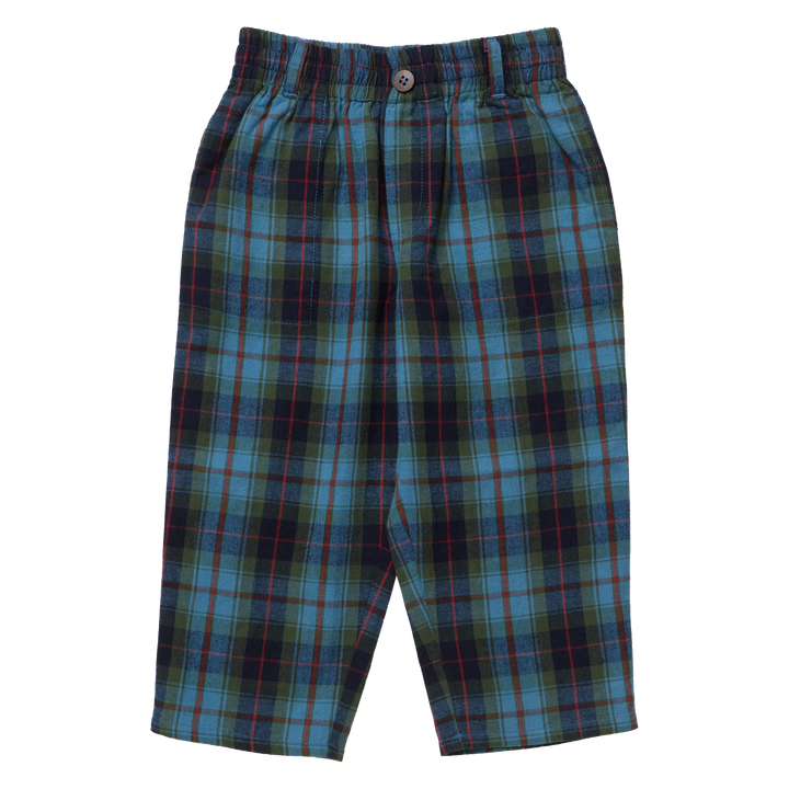 Pink Chicken Boys Jackson Pant Blue Tartan featuring blue, green, and red plaid with an elastic waistband