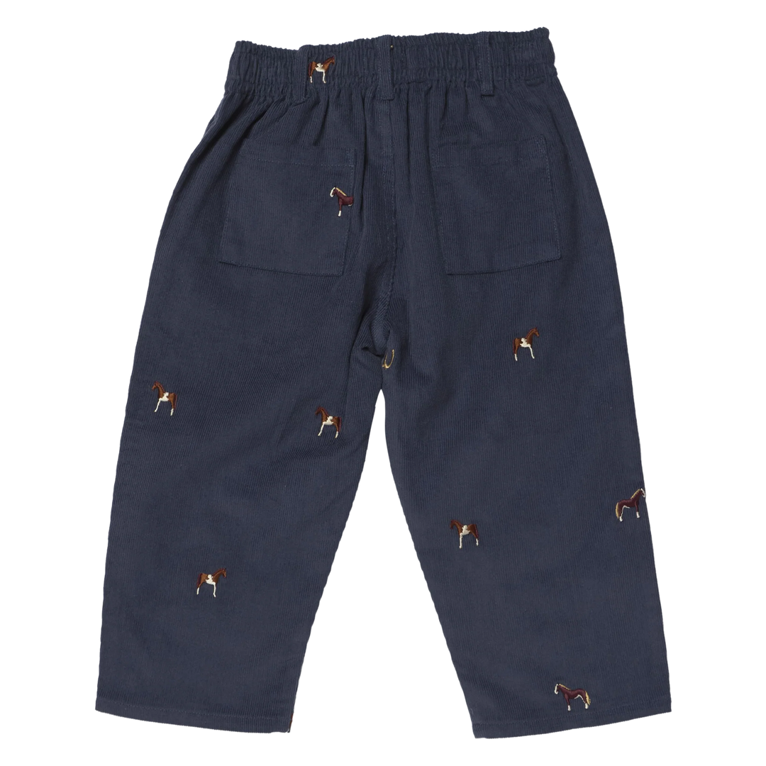Back view of Boys Navy Horse Embroidered Pants with pockets and scattered horse embroidery