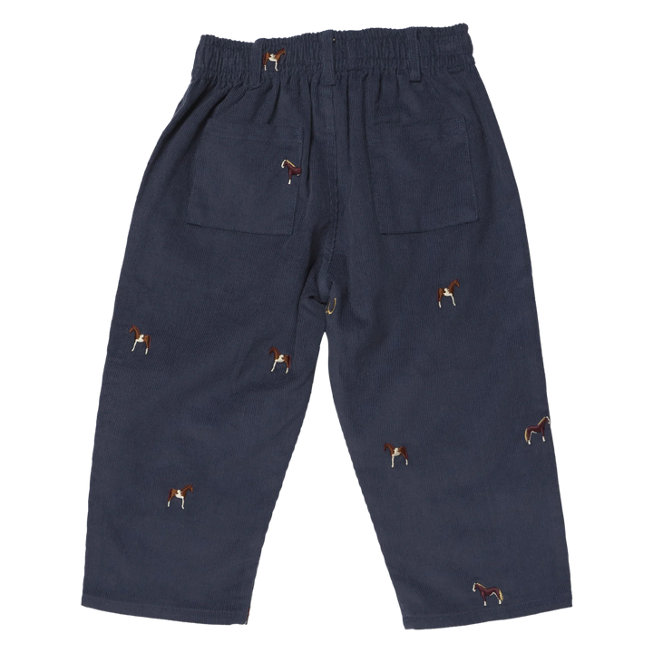 Back view of Boys Navy Horse Embroidered Pants with pockets and scattered horse embroidery