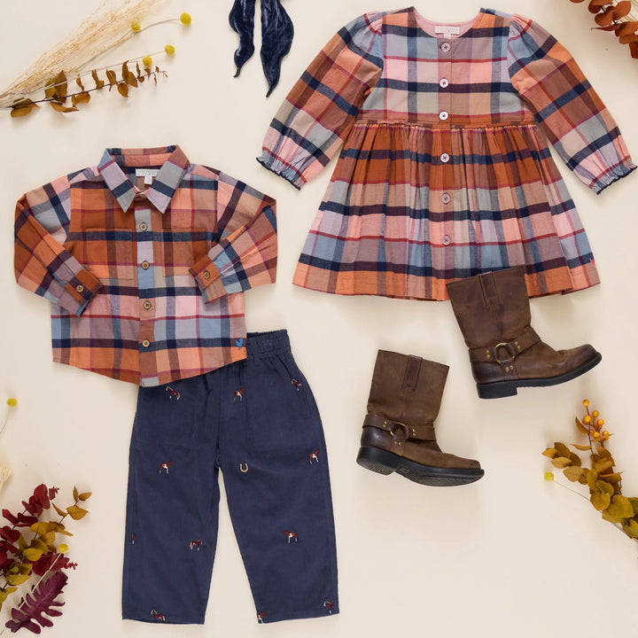 Boys Navy Horse Embroidered Pants styled with a plaid shirt and boots for a fall outfit