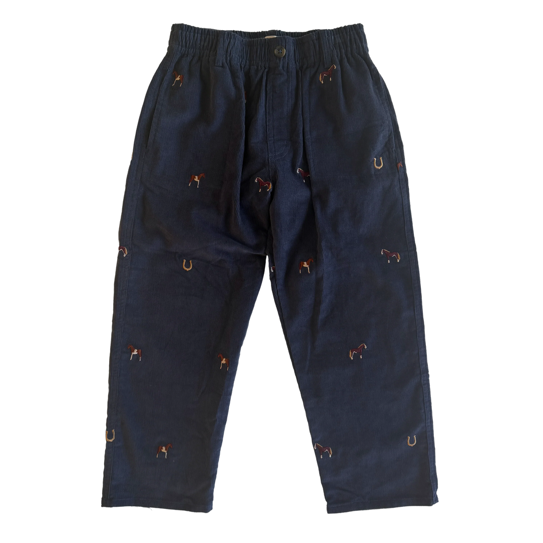 Boys Navy Horse Embroidered Pants with scattered horse and horseshoe details