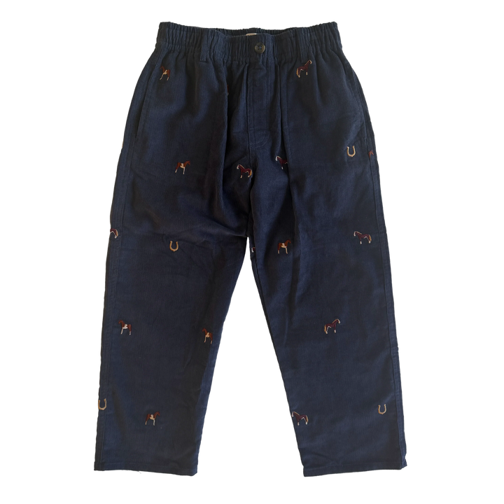 Boys Navy Horse Embroidered Pants with scattered horse and horseshoe details