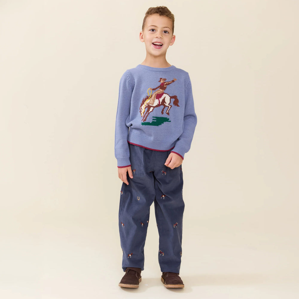 Boy wearing Boys Navy Horse Embroidered Pants styled with a western sweater and boots
