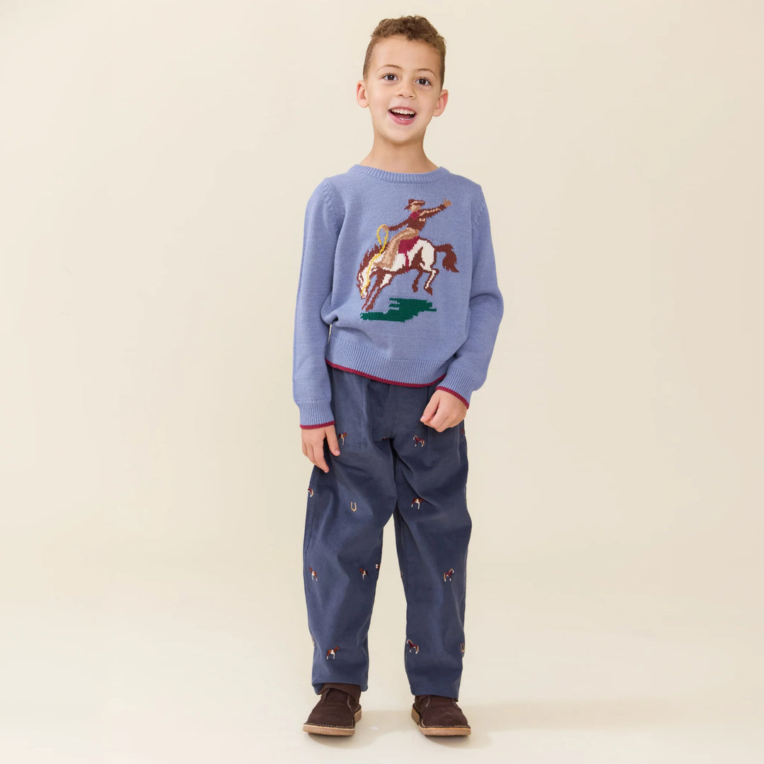 Boy wearing Boys Navy Horse Embroidered Pants styled with a western sweater and boots