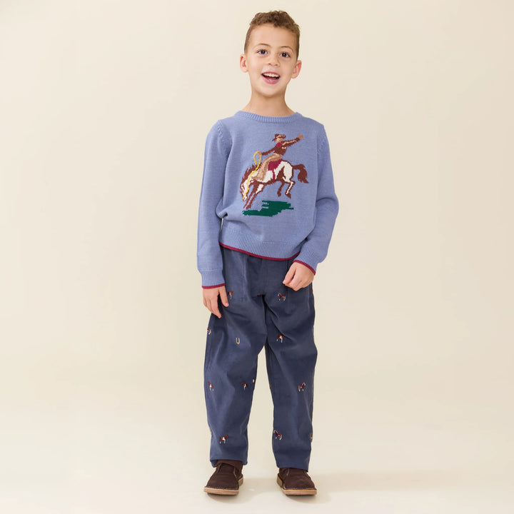 Boy wearing Boys Navy Horse Embroidered Pants styled with a western sweater and boots