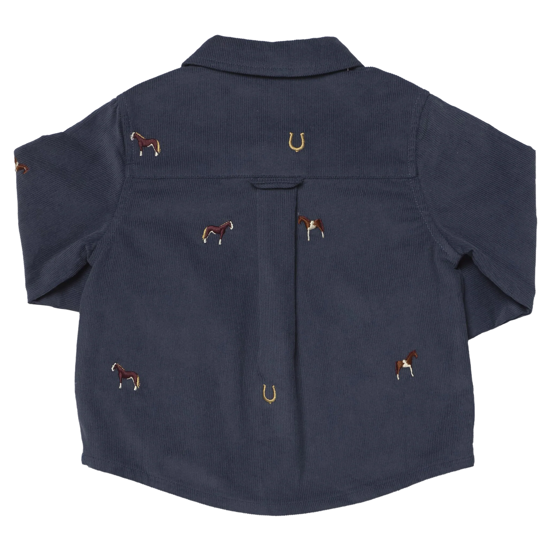 Back view of Boys Navy Horse Embroidered Shirt with scattered horse and horseshoe embroidery