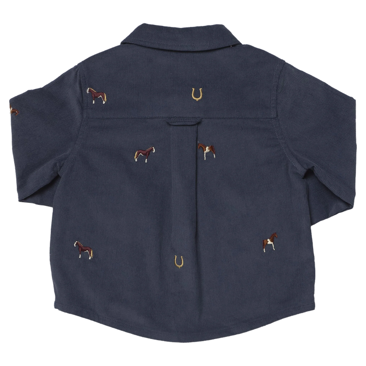 Back view of Boys Navy Horse Embroidered Shirt with scattered horse and horseshoe embroidery