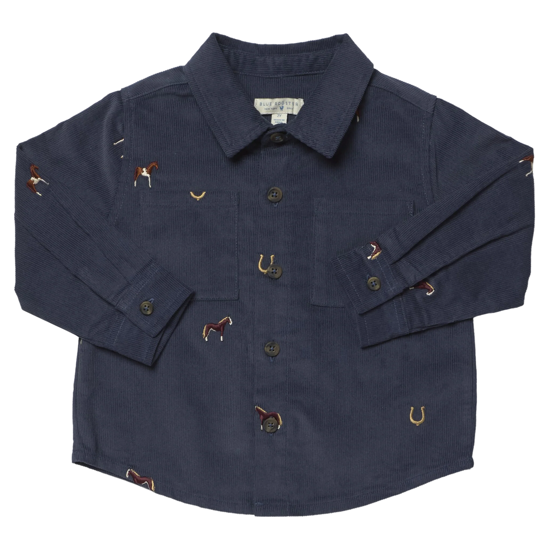 Boys Navy Horse Embroidered Shirt with button front, chest pockets and horse and horseshoe details