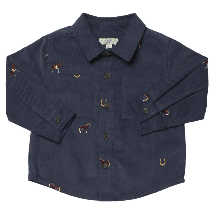 Boys Navy Horse Embroidered Shirt with button front, chest pockets and horse and horseshoe details
