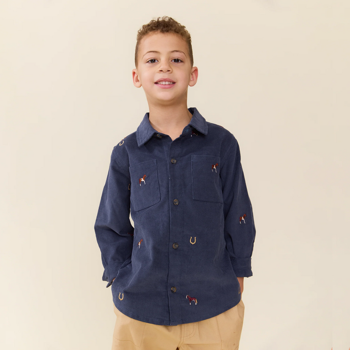 Boy wearing the Boys Navy Horse Embroidered Shirt with khaki pants for a classic fall outfit