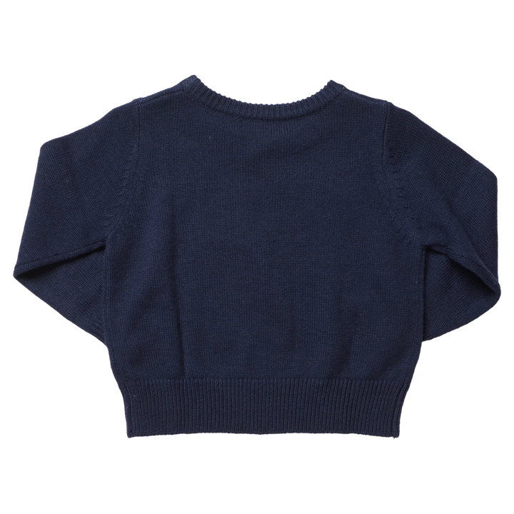 Back view of Pink Chicken Boys Oliver Sweater Navy Santa featuring solid navy knit fabric and ribbed hem