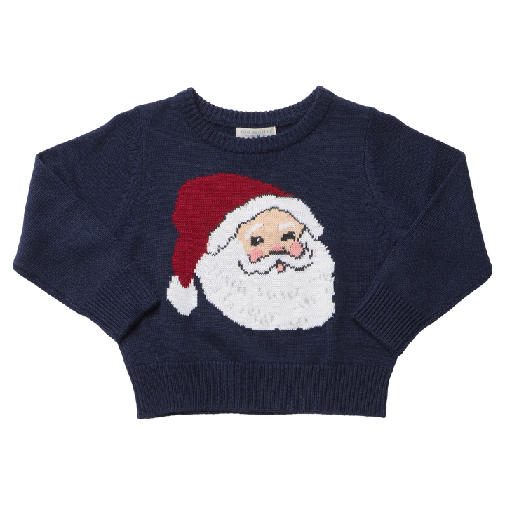Pink Chicken Boys Oliver Sweater Navy Santa featuring a festive knit Santa face and ribbed trim