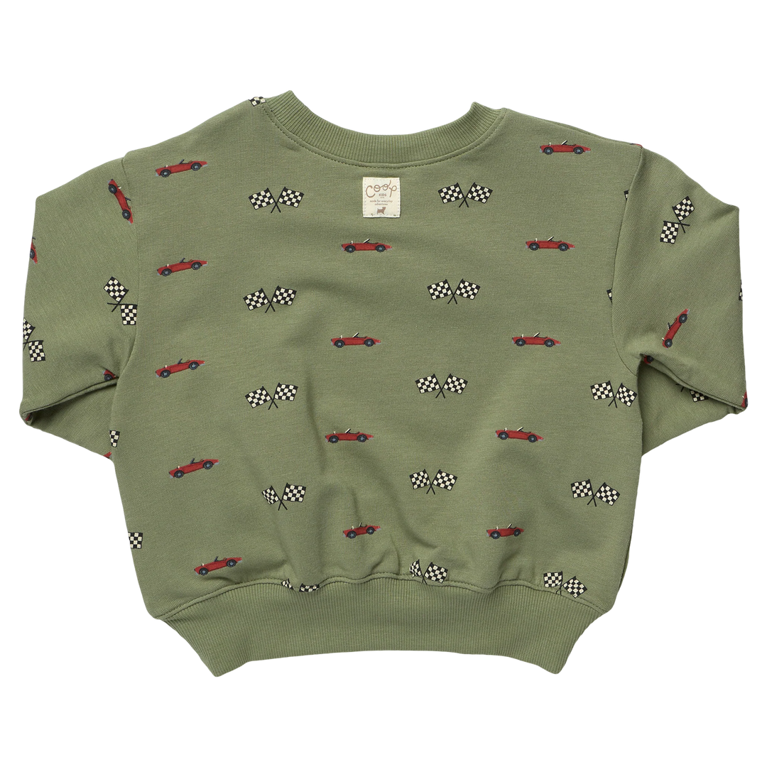 Olive green boys short sleeve sweatshirt featuring an allover red race car and black-and-white checkered flag print.