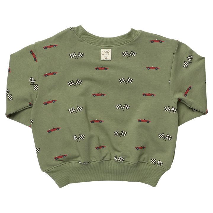 Olive green boys short sleeve sweatshirt featuring an allover red race car and black-and-white checkered flag print.