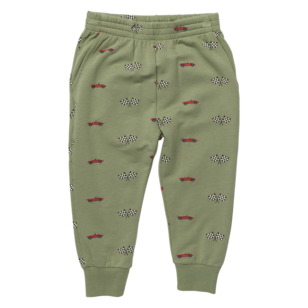 Boys olive green race car jogger pants with red cars, black and white checkered flags, elastic waistband, pockets and cuffed ankles