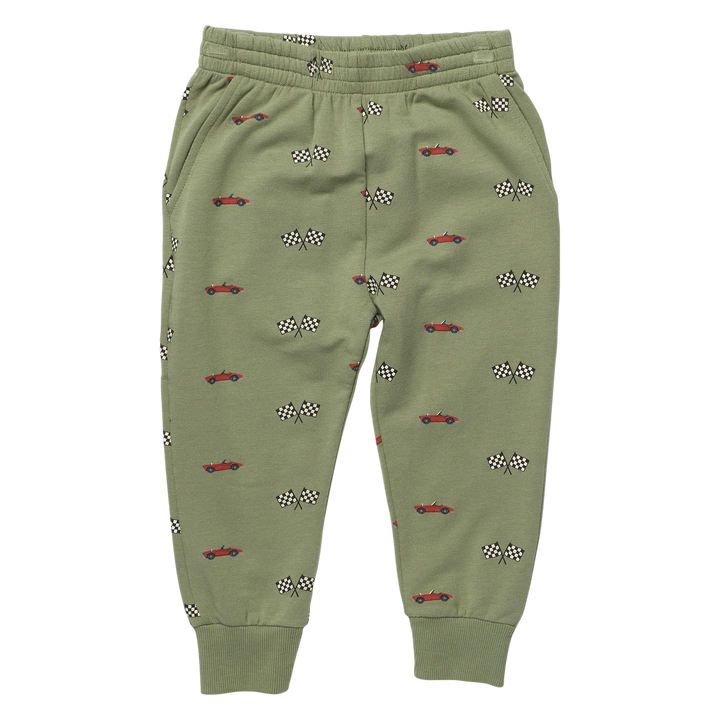 Boys olive green race car jogger pants with red cars, black and white checkered flags, elastic waistband, pockets and cuffed ankles