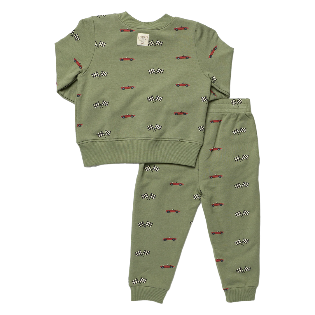 Back view of boys olive green sweatshirt and jogger pants set with allover red race car and checkered racing flag print.