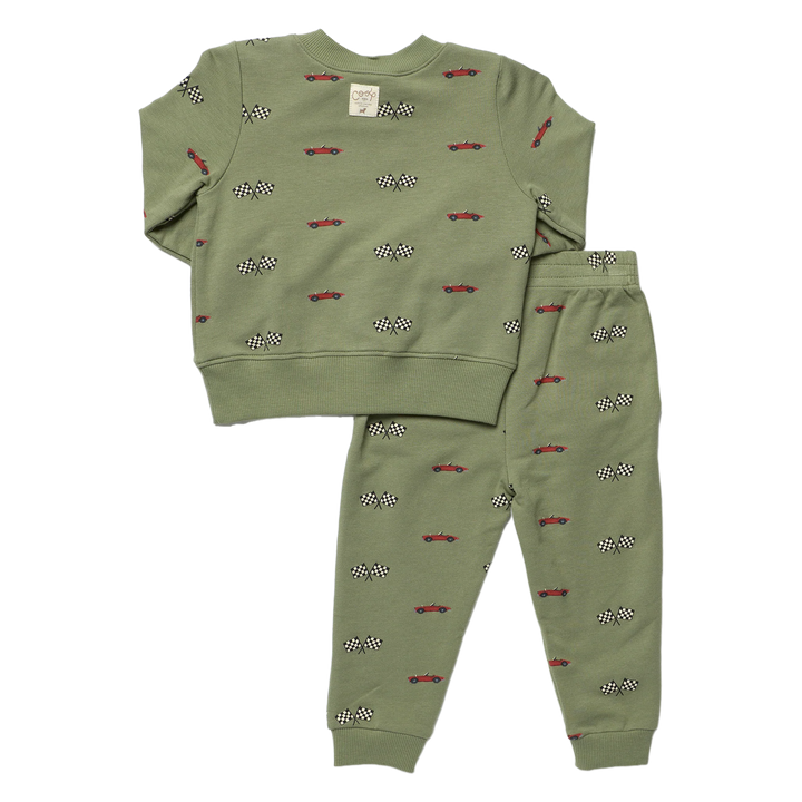 Back view of boys olive green sweatshirt and jogger pants set with allover red race car and checkered racing flag print.