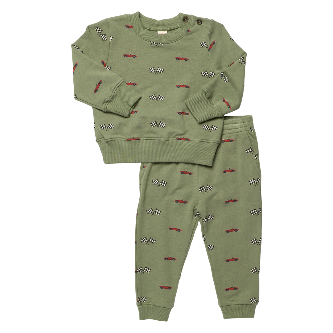Boys olive green jogger set with long sleeve sweatshirt and matching pants featuring red race cars and black and white checkered flags.